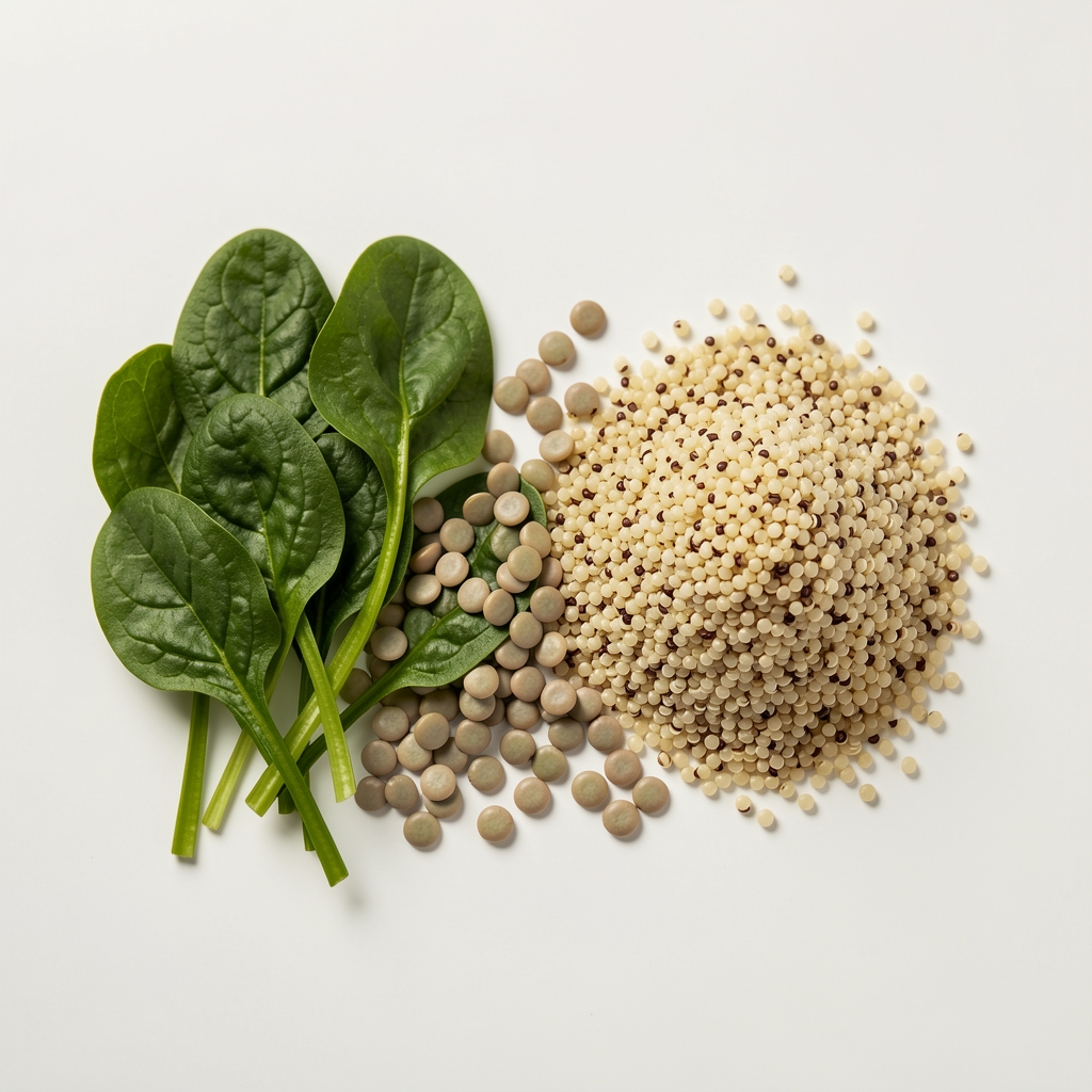 Saisonales Gemüse auf hellem Untergrund, Draufsicht — Spinatblätter, Linsen und Quinoa nebeneinander arrangiert, reduzierte Stillleben-Aufnahme